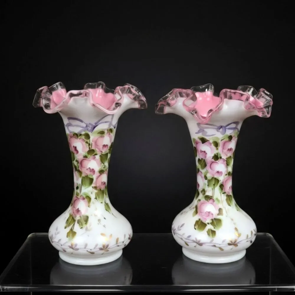 Pair of 1940s Fenton Charleton Peach Crest Hand Painted Ruffled 8